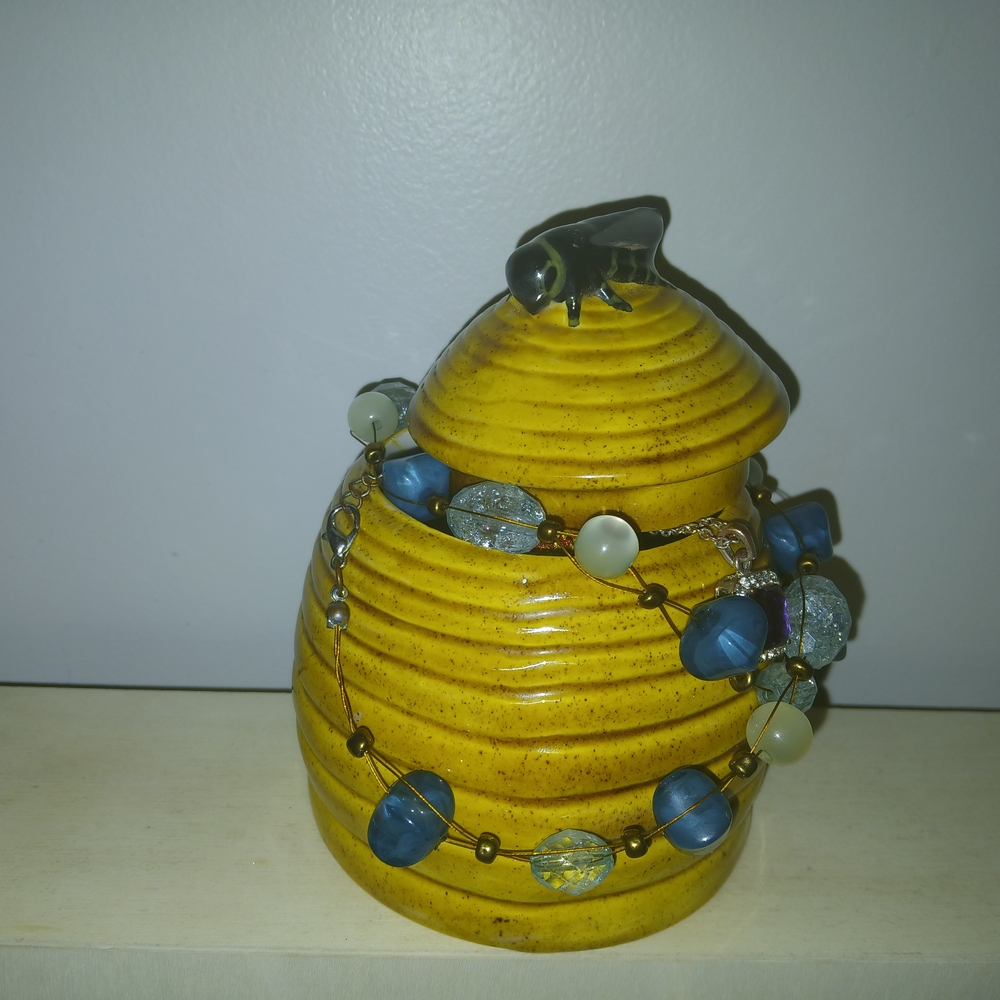 Yellow Beehive Trinket Box with Blue Beaded Garland